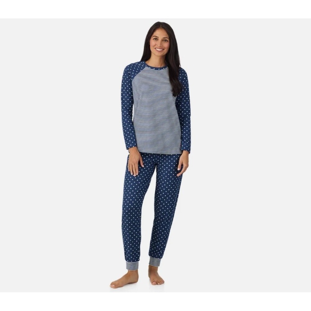 Cuddl Duds Womens XL Pajama Set Navy Blue White Polka Dot Stripe Ribbed Knit 2pc